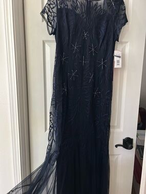Elegant Navy Beaded Evening Dress with Sheer Overlay illusion gown